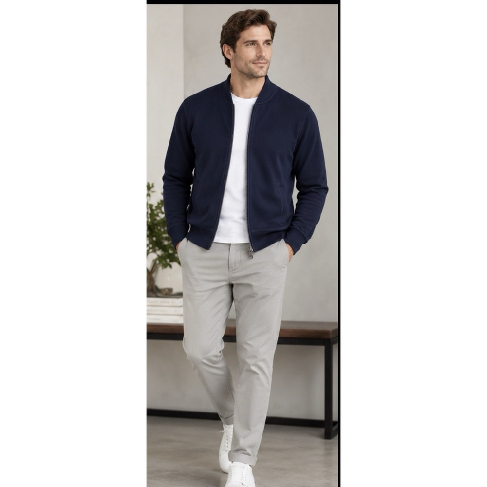 Elie Tahari Mens Full-Zip Knit Bomber Cardigan Navy Blue Large ETR44405M NWT - Picture 3 of 8